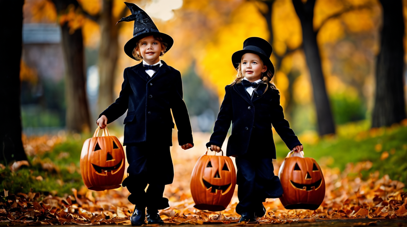 Kids trick or treating during Halloween, dressed as people in the Salem witch trials