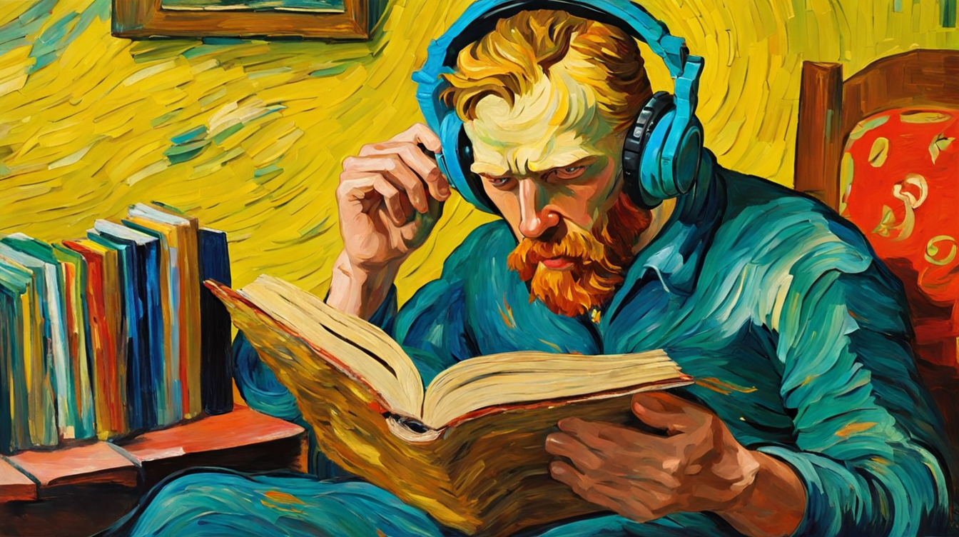 A representation of van Gogh with headphones reading a book, for favorite websites