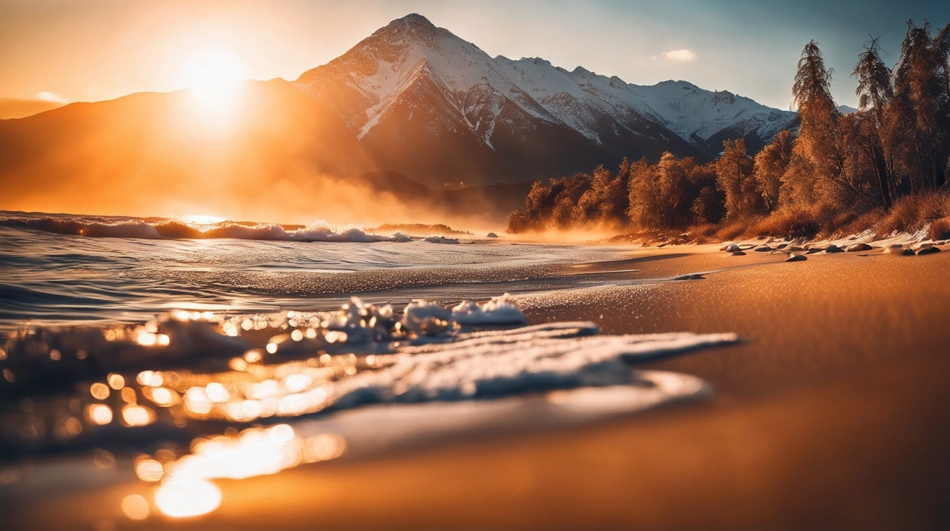 Sunny beach with snow capped mountains in the background