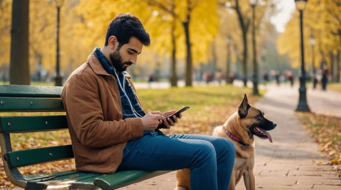 A man sitting in a park bench, scrolling through his social apps, his dog by his side