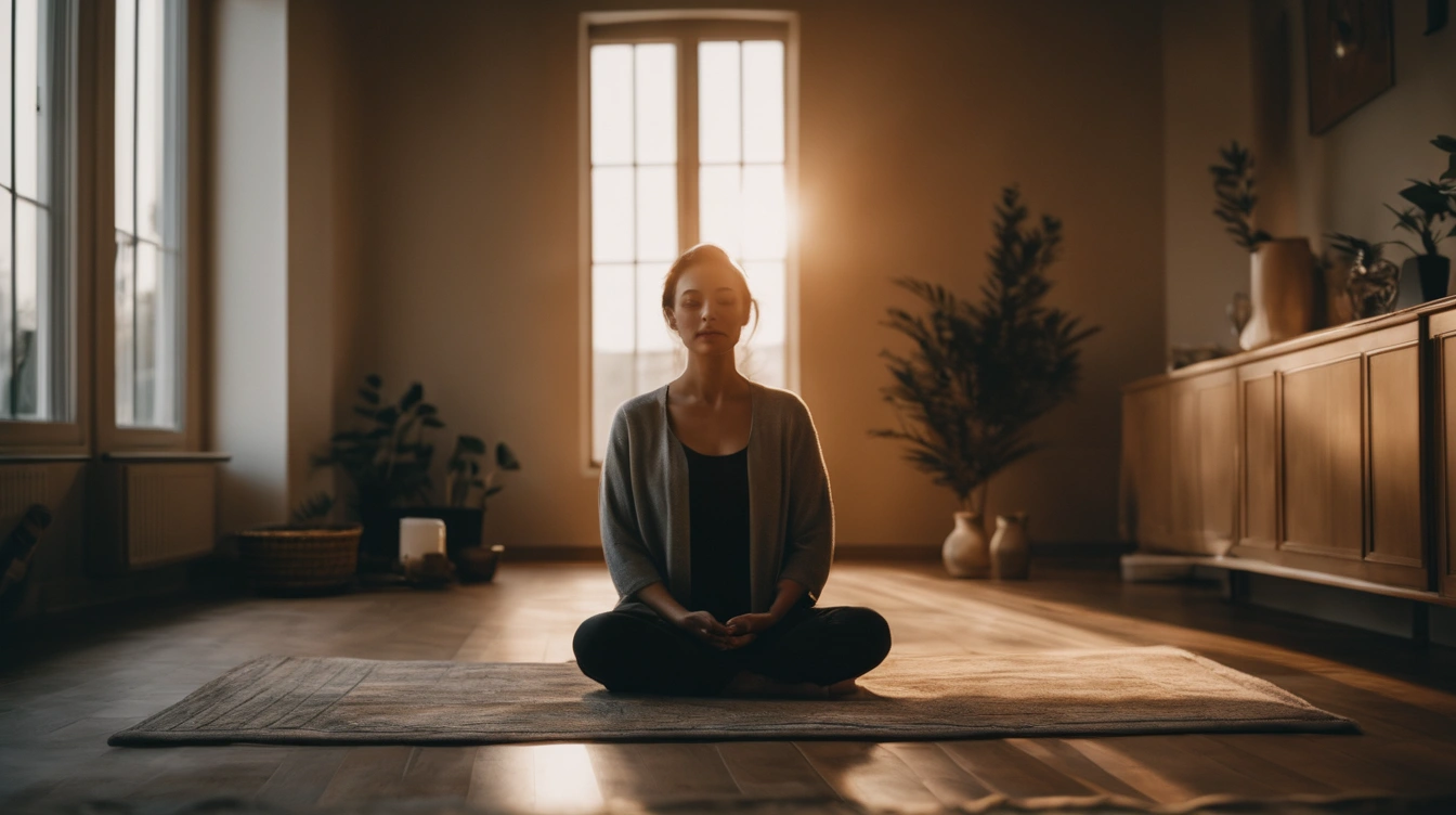 A person meditating in a sunlit room, giving a sensation of relaxation, focus, and well-being. The power of meditation.