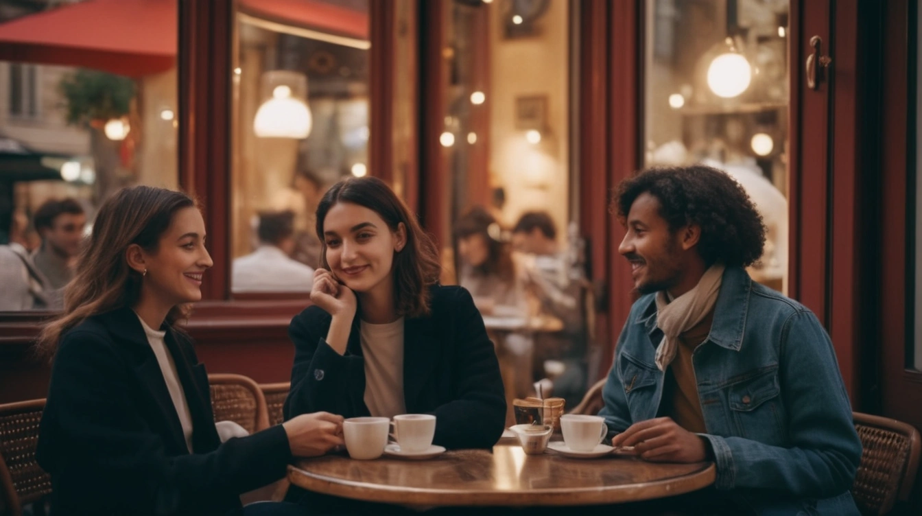 A group of friends talking at a parisian style café. Learn French