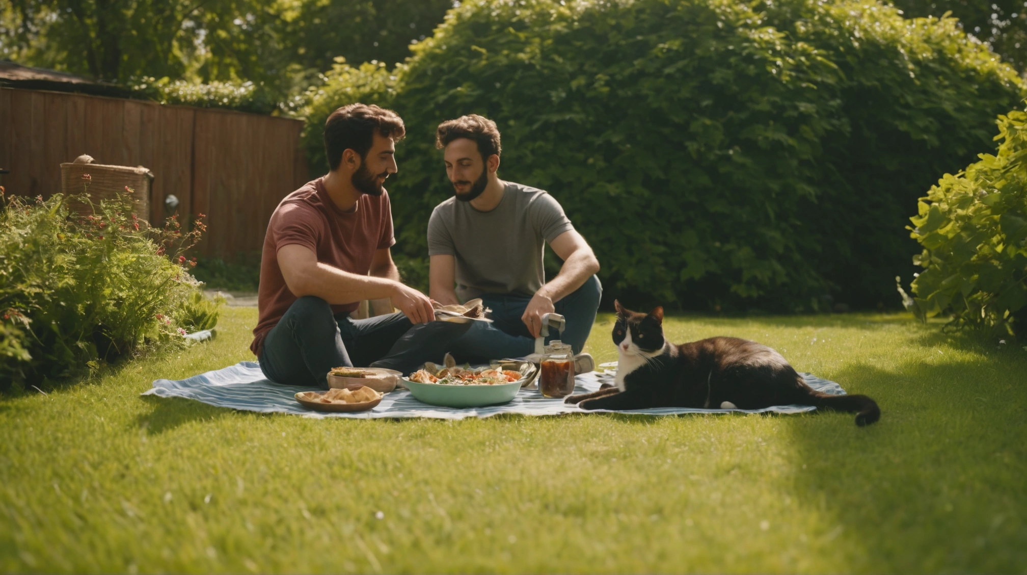 Two guys sharing a meal in the backyard of their home, their cat sunbathing on the grass. Sanctuary, fortress, heaven on earth.