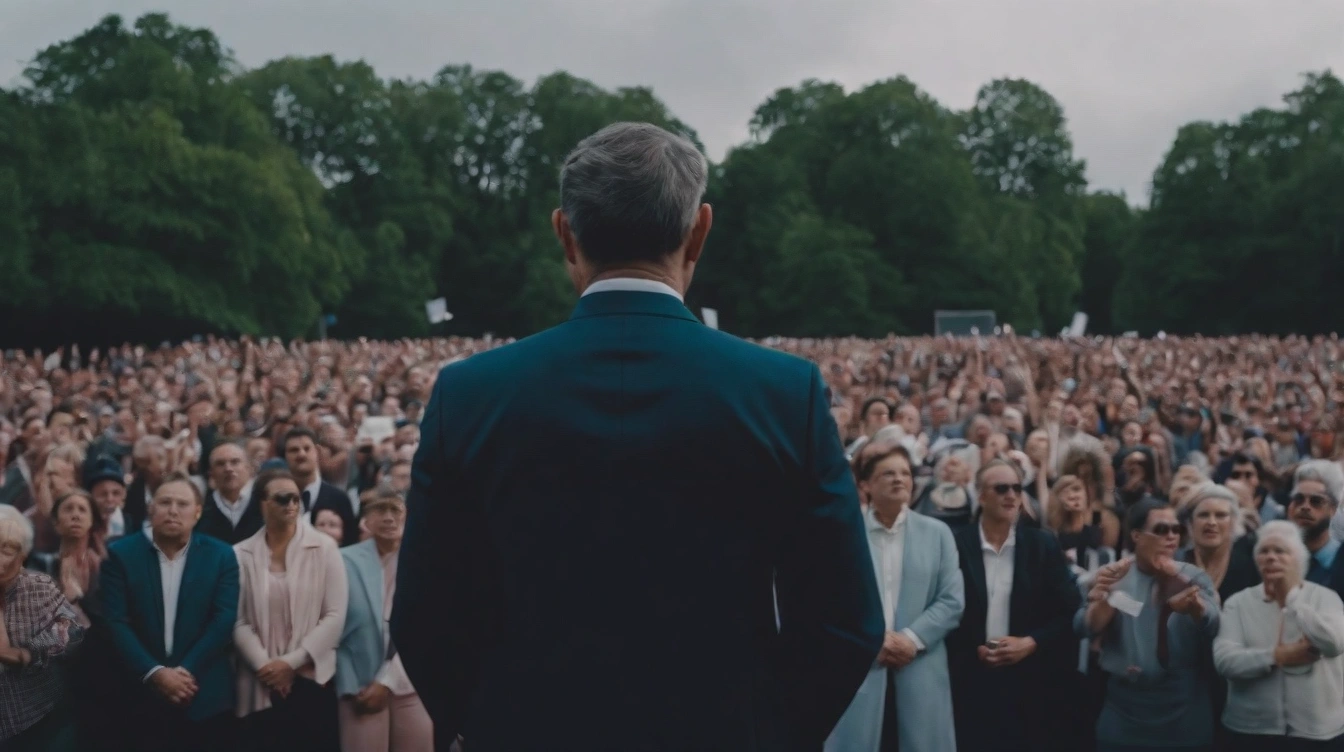 A politician seen from behind, a rally with several supporters facing him, cloudy day. Electoral campaign funding.