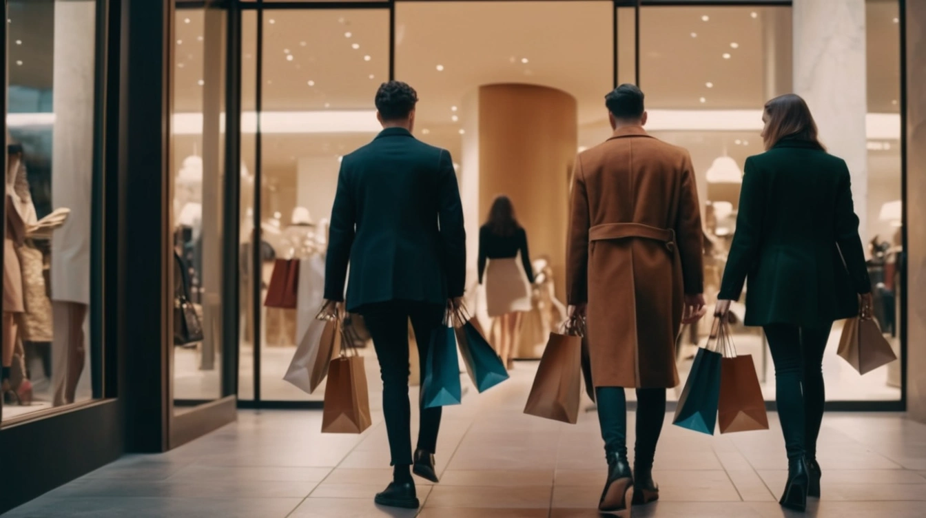 A group of friends leaving a luxury store with several shopping bags. Black Friday.
