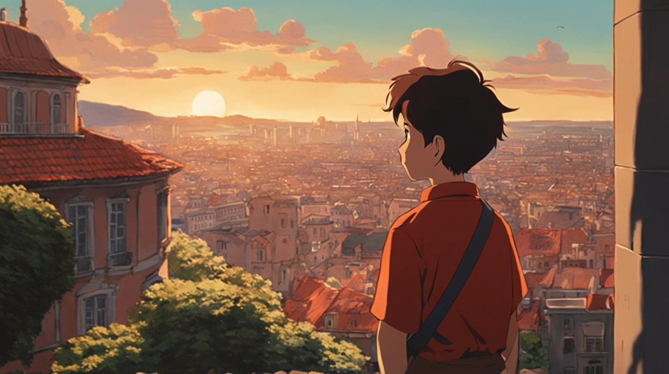 A boy on a balcony overlooking a large city, acts of love.