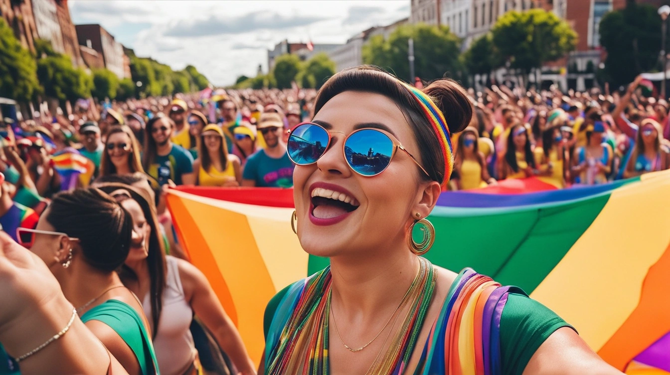 Gay pride celebration, rainbow flag, parade, community, joy