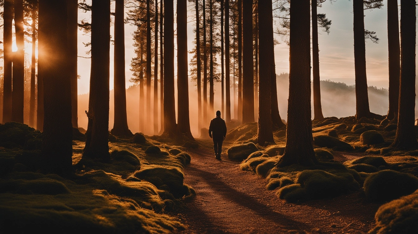 A person is walking through the forest on a trail, the sun shines through the foggy pine trees. I see these posts as my memoirs.