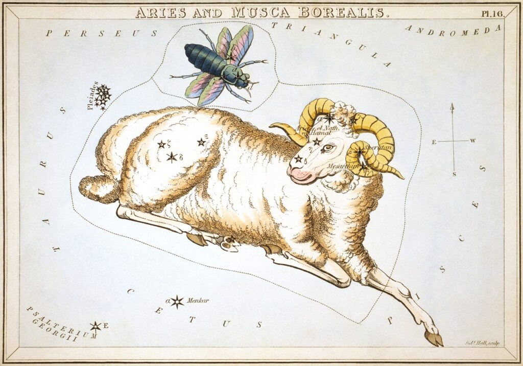 "Aries and Musca Borealis" de Sidney Hall (1825)—Carta estelar detalhada de Urania’s Mirror